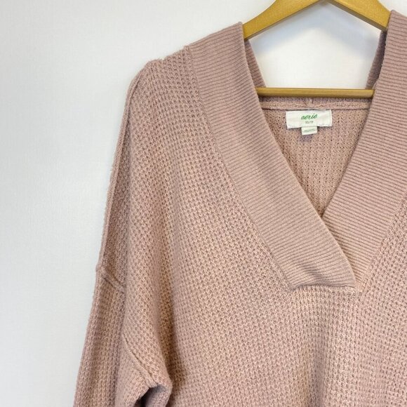 Aerie Oversized Cozyup Waffle Hooded V Neck Sweater - Picture 3 of 9